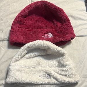 The North Face Burgundy and Light Gray Fleece Beanies